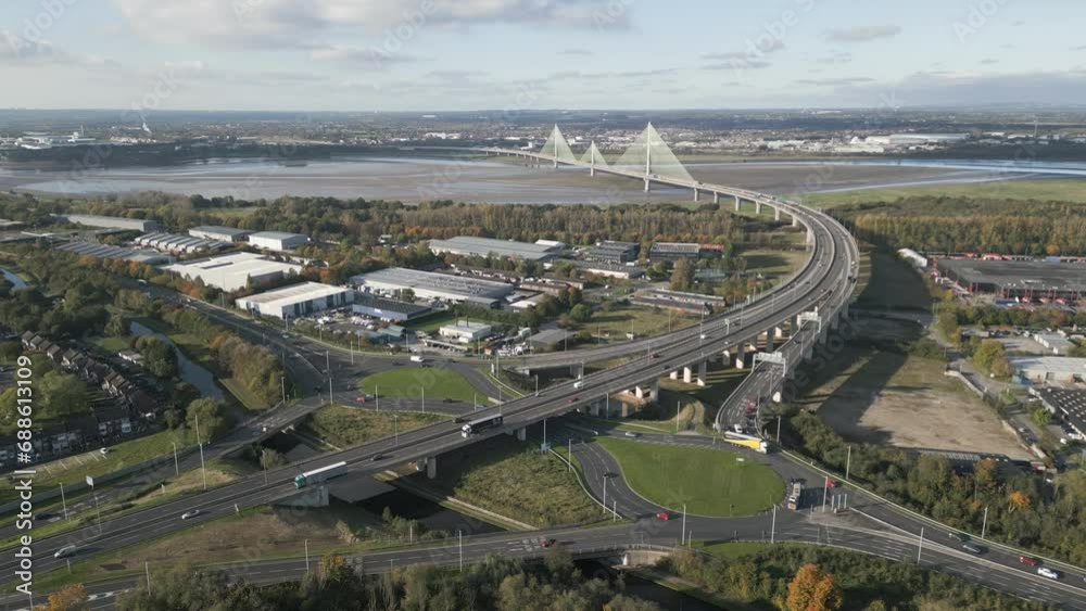 Orbit view of roads leading to The Mersey Gateway Bridge and Astmoor Industrial Estate, Runcorn, Cheshire, England Orbit view of roads leading to The Mersey Gateway Bridge and Astmoor Industrial Estate, Runcorn, Cheshire, England