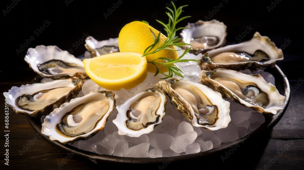 healthy food, seafood Raw Atlantic oysters on dark wooden background in ice with lemon