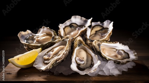 healthy food, seafood Raw Atlantic oysters on dark wooden background in ice with lemon