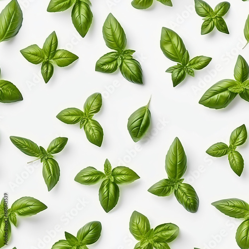 Scattered fresh basil leaves on a white background, symbolizing freshness and natural ingredients. Seamless pattern for advertising and recipes