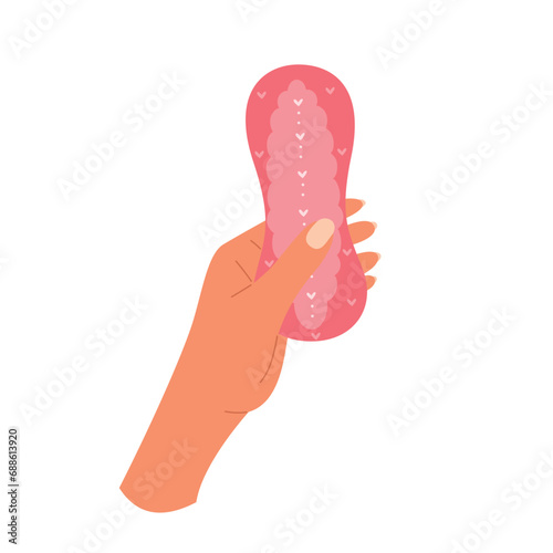 Female hand holds menstrual pad for periods. Hygiene health care product. Vector.