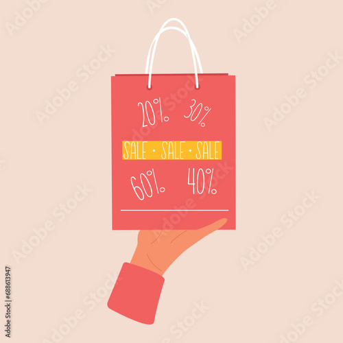 Female hand hold colorful shopping or gift bags. Sale set. Different percents.  Vector