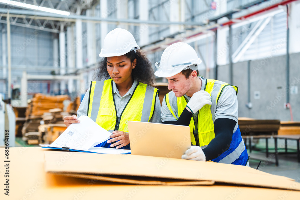 working and inspecting quality of cardboard in corrugated carton boxes warehouse storage, paper in the Products automotive part warehouse working and inspecting quality of cardboard in corrugated carton boxes warehouse storage, paper in the Products automotive part warehouse