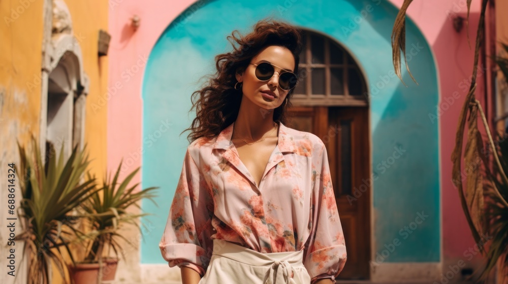 travel concept profile view woman Against the backdrop of picturesque old italian houses, a stylish young attractive woman poses with confidence and grace tropical colors dress stylsih cloth daylight