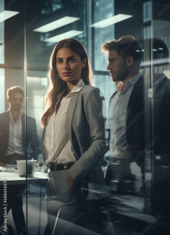 Fototapeta premium Low angle wideshot young smart clever of business people portrait standing in high rise interior office business casual ideas sharing strategy vision goal business ideas concept