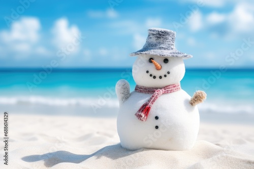 Snowman made of sand on the beach. Festive concept can be used for New Year and Christmas cards.