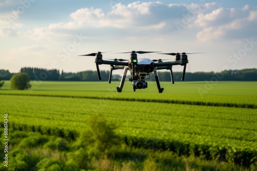 Large commercial hexacopter drone with camera flying over a rapeseed field green technilogy future farming support ideas concept