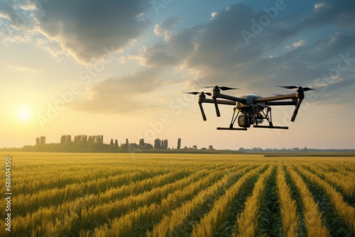 Large commercial hexacopter drone with camera flying over a rapeseed field green technilogy future farming support ideas concept