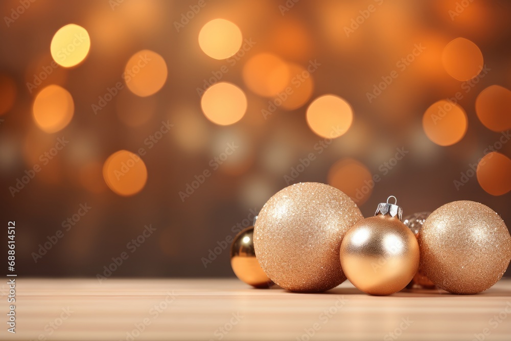 Christmas gift box with golden shiny bow, between tree branches and Christmas balls, bokeh lights background.golden Christmas balls Christmas gift box with golden shiny bow, between tree branches and Christmas balls, bokeh lights background.golden Christmas balls