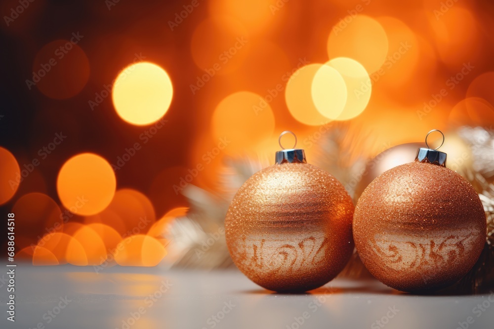 Christmas gift box with golden shiny bow, between tree branches and Christmas balls, bokeh lights background.golden Christmas balls Christmas gift box with golden shiny bow, between tree branches and Christmas balls, bokeh lights background.golden Christmas balls