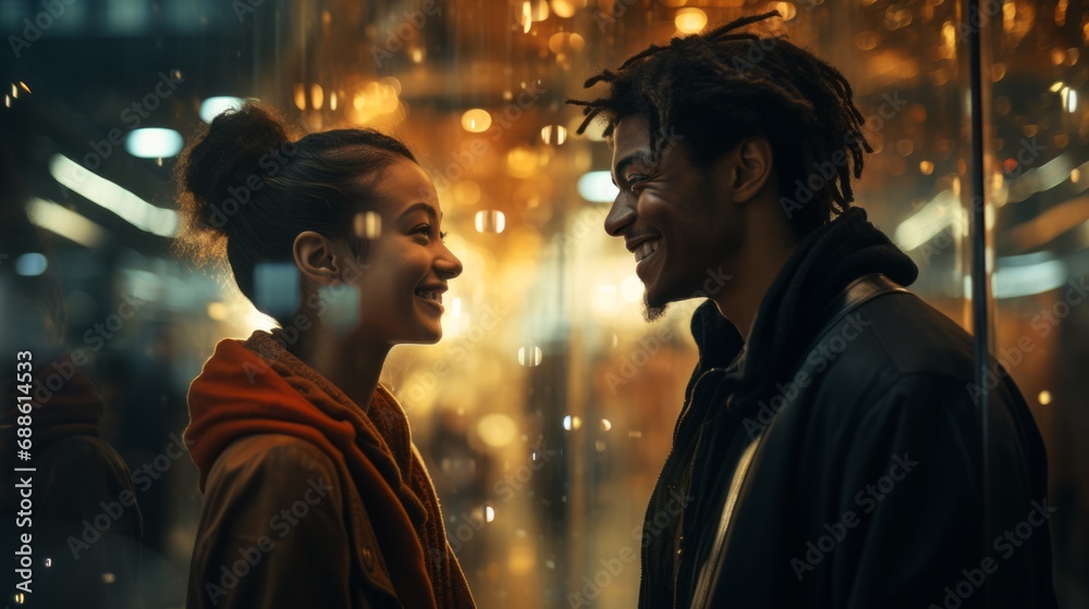 Portrait of modern chinense characters facing each other looking happy one human and the other made of human glass and full of light street outdoor casual lifestyle facial happiness expression