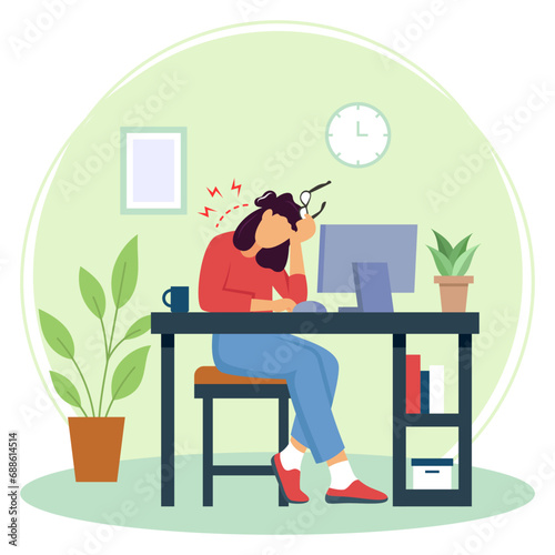 Suffering from neck pain and headache due bad posture concept, employee struggling with a workload vector design, corporate wellbeing symbol, Sedentary lifestyle sign, self serving behaviors stock