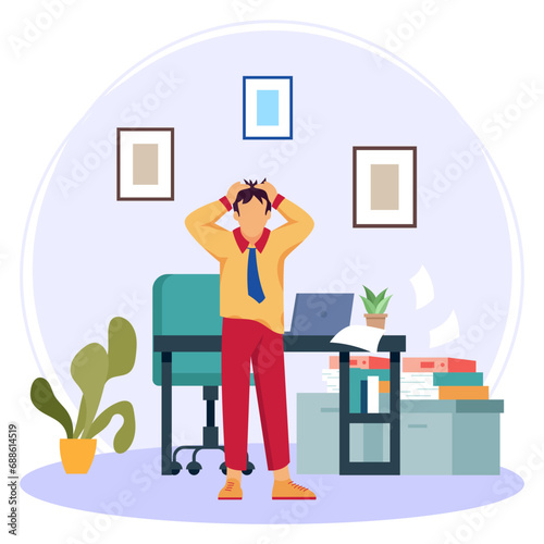 A businessman in trouble concept, Worker suffering from his depression vector icon design, corporate wellbeing symbol, Sedentary lifestyle sign, self serving behaviors stock illustration