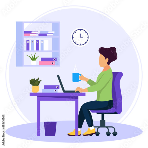 Lady manager Sitting at his desk with Correct Posture concept, promoting a healthy alignment of her spine vector design, corporate wellbeing symbol, Sedentary lifestyle sign, office syndrome stock