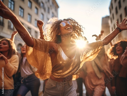 joyful lifestyle Low angle wideshot of A captivating image of group woman dancing in the middle of the city street close-up surrounded by the warm enchanting glow of golden hour lighting carefree