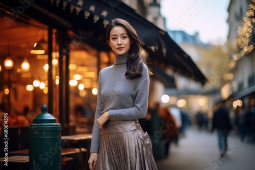 full body shot of a attractive woman wearing a boat neck sweater, and a woolen skirt, pointed toe shoes, fashion outfits travel in old town europe winter autumn season travel carefree lifestyle