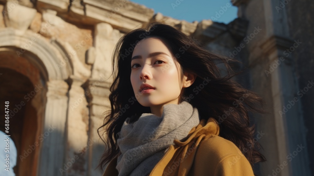 beautiful picturesque old europe ruin architecture stylish young profile view japanese woman poses with confidence and grace stylish costume cloth dress travel alone woman carefree in autumn season beautiful picturesque old europe ruin architecture stylish young profile view japanese woman poses with confidence and grace stylish costume cloth dress travel alone woman carefree in autumn season