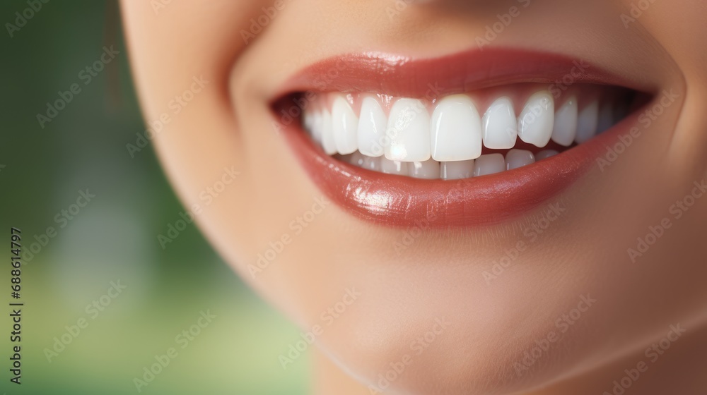 Fototapeta premium Beautiful woman's smile after teeth whitening procedure. Dental care. Dentistry concept. perfect smile