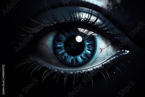 A demonic dark eye in the web looks at you. halloween. scary eye on black background. generative AI photo