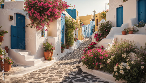 Beautiful summer street with flowers, Santorini, Greece