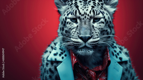 Male leopard in a suit and office wear shirt. a man with a leopard's head in a fur coat or suit.