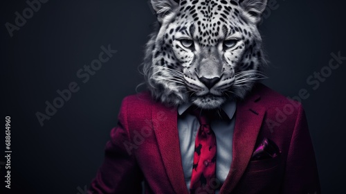 Male leopard in a suit and office wear shirt. a man with a leopard s head in a fur coat or suit.