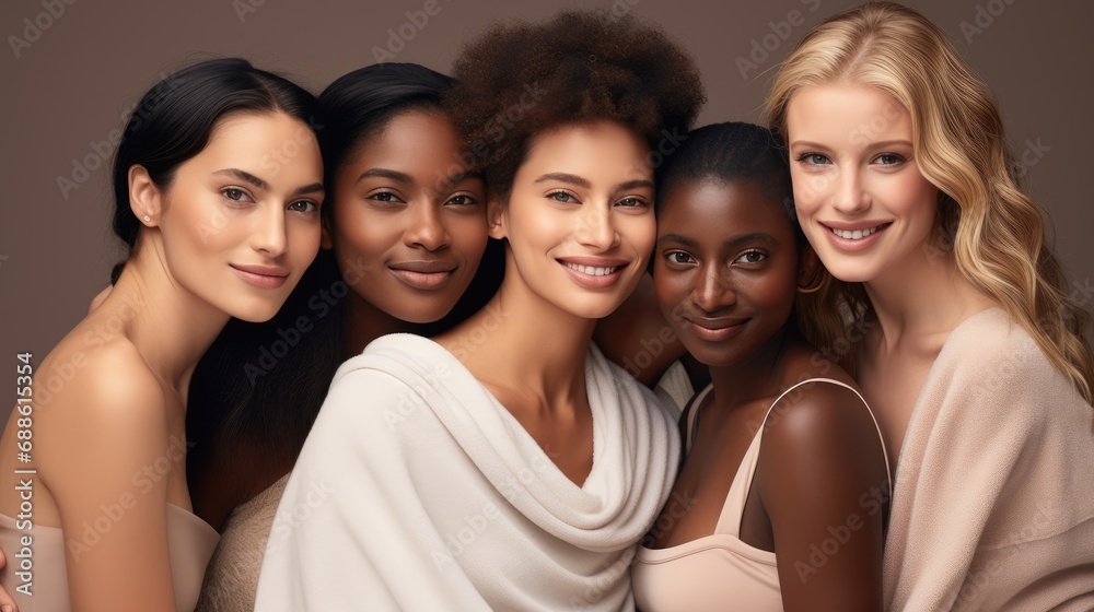 Obraz premium young pretty asian, caucasian, afro woman posing cheerfully together on brown background, lifestyle concept of people of different nationalities. portrait of women