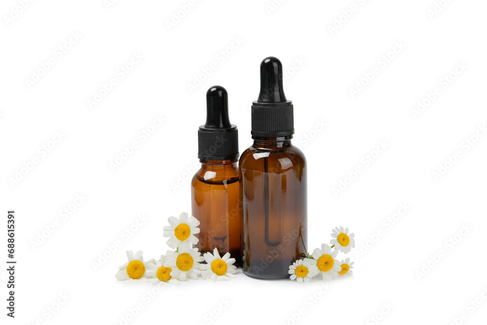 Glass bottle with chamomile essential oil isolated on white background. Chamomile flowers, close up. Aromatherapy, spa and herbal medicine ingredients. Beauty concept. Natural cosmetics