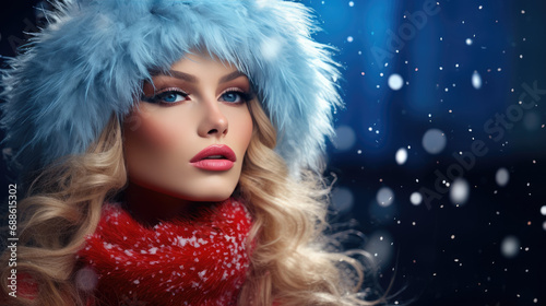 woman in luxurious fur coat. Fashion model girl in blue fox fur coat. Perfect makeup and accessories. Beautiful luxury winter lady. Generative AI