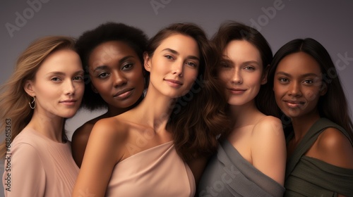 young pretty asian, caucasian, afro woman posing cheerfully together on brown background, lifestyle concept of people of different nationalities. portrait of women