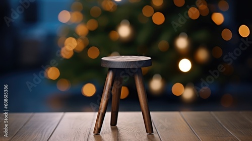 Beautiful festively decorated room with Christmas tree and bright lights, out of focus, shot for photo backdrop. stool for advertising products against the background of a Christmas tree photo