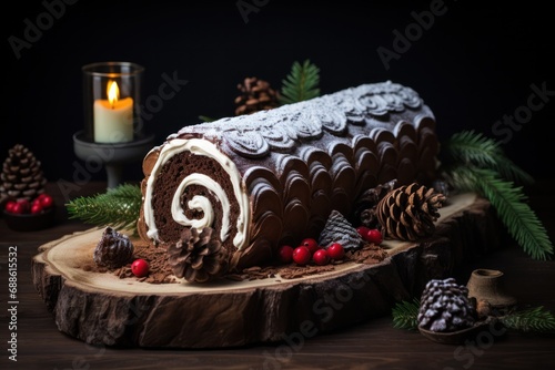 yule log cake, log-shaped festive dessert with cream filling, traditional food dessert