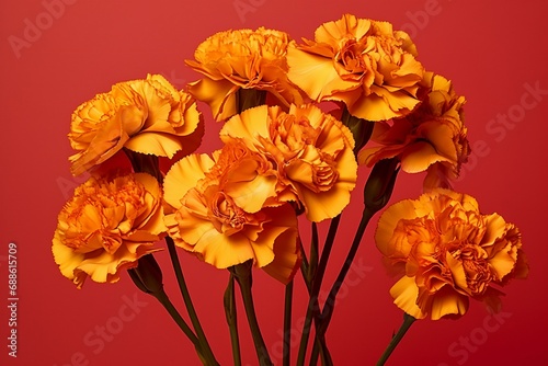 beautiful carnation flowers on table near color wall