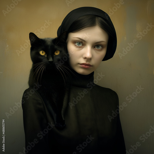 beautiful young woman and a black cat on her shoulders, intense gaze, matte photo photo