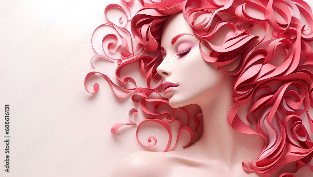 Abstract portrait of a woman with lush curly hair in pink tones, made in a mixed 3d style and paper cut, illustration for International Women's Day on March 8, banner with space for text.