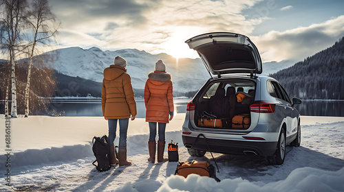 Family preparing a wintersport trip, packing Luggage into a car, back view of the car.  photo