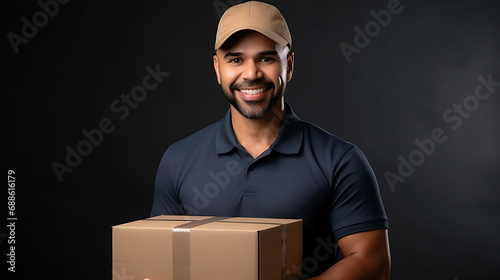 
Portrait of a cheerful courier loader in a blue cap and uniform holding a cardboard box. Delivery man isolated on a plain background. photo