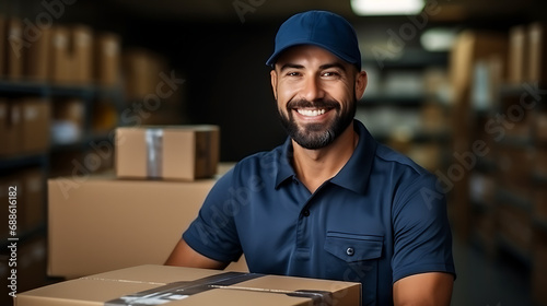  Portrait of a cheerful courier loader in a blue cap and uniform holding a cardboard box. Delivery man isolated on a plain background.