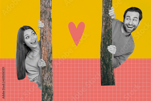 Canvas Print Composite collage image of positive couple have fun enjoy nature trees hide dati