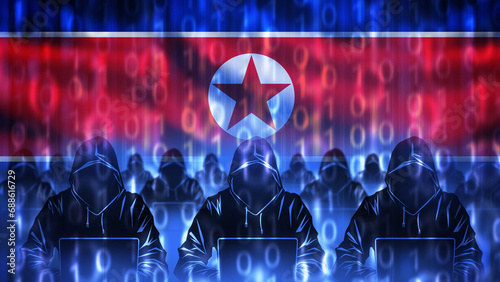 North Korea cyber army. Hackers with laptops. Silhouettes of people in hoods. Flag of DPRK with binary code. Cyber army uses internet. Computer specialists from north Korea. 3d image photo