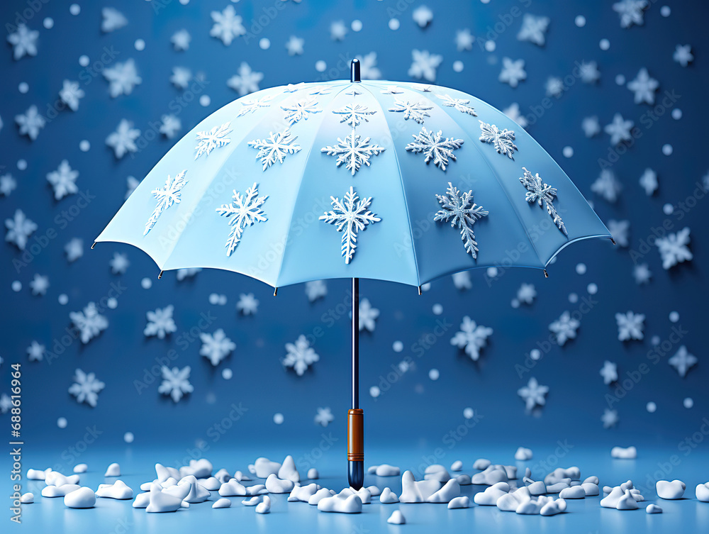 Blue umbrella and coffee with snow on blue background representing Blue Monday