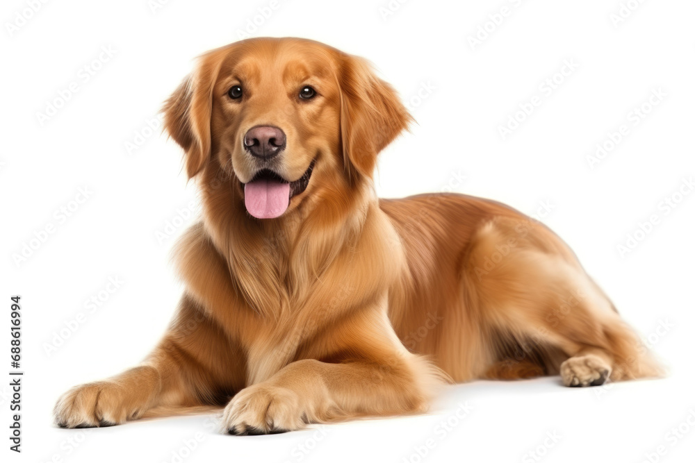 Golden retriever lying down with a friendly expression and tongue out, against a white background.