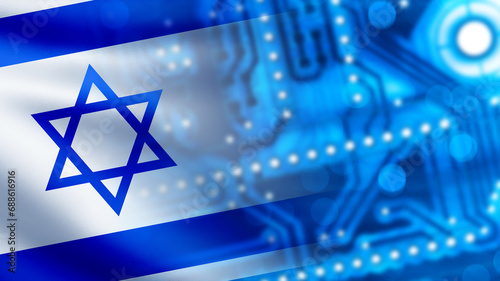 Microplate with Israel flag. Computer chip close up. Microelectronics production in Israel. National technology concept. Blue microplate with symbol of Israel. PCB technology. 3d image photo