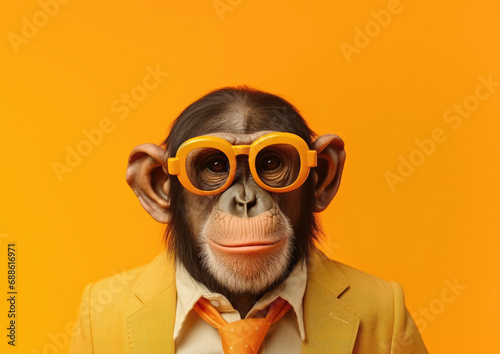 A professional-looking chimpanzee with orange round glasses, a matching tie, and a yellow blazer against an orange background.