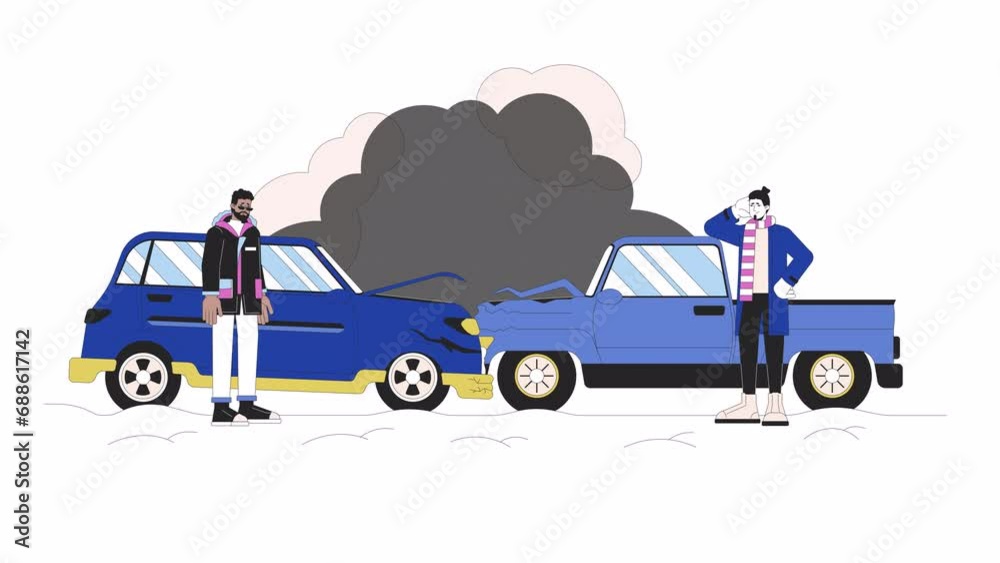 Multi-vehicle accident during winter storm line cartoon animation. Traffic collision 4K video motion graphic. Blizzard car crashing drivers 2D linear animated characters isolated on white background