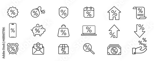 Financial interests related line icons set. Debt and credit with interest, percent linear icons vector. Credit and credit money built finance vector eps10