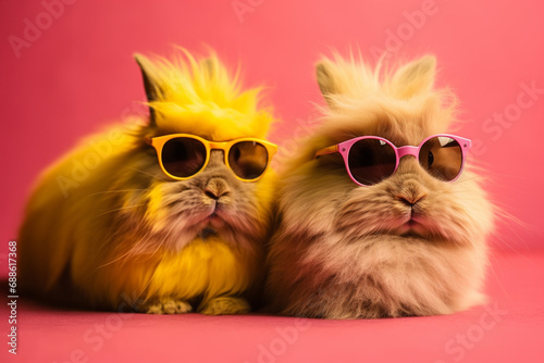 Cute bunny rabbit on pink background with sun glasses - Easter holidays concept greeting card