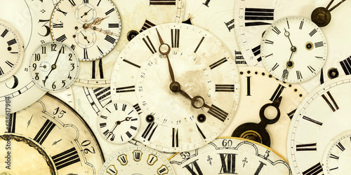Retro styled image of a collection of vintage weathered clock faces