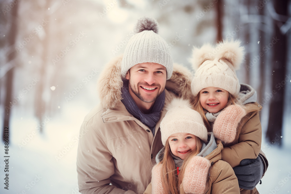 Happy Family - father with two kids having fun winter Outdoors. Snow. Winter Vacation