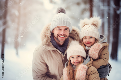 Happy Family - father with two kids having fun winter Outdoors. Snow. Winter Vacation